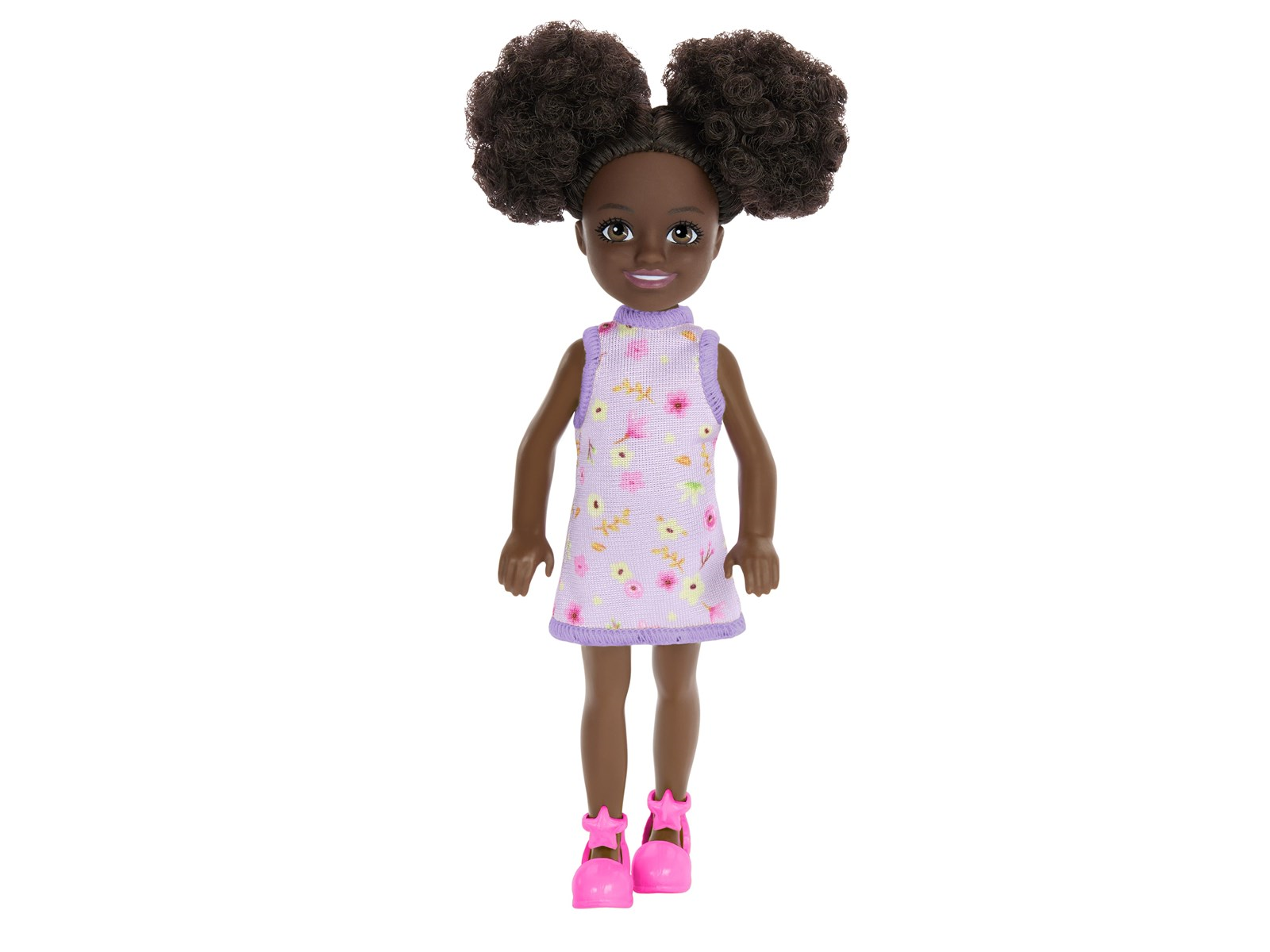 Barbie Chelsea Doll - Purple Floral Dress with Space Buns & Brown Eyes Barbie Chelsea Doll - Purple Floral Dress with Space Buns & Brown Eyes